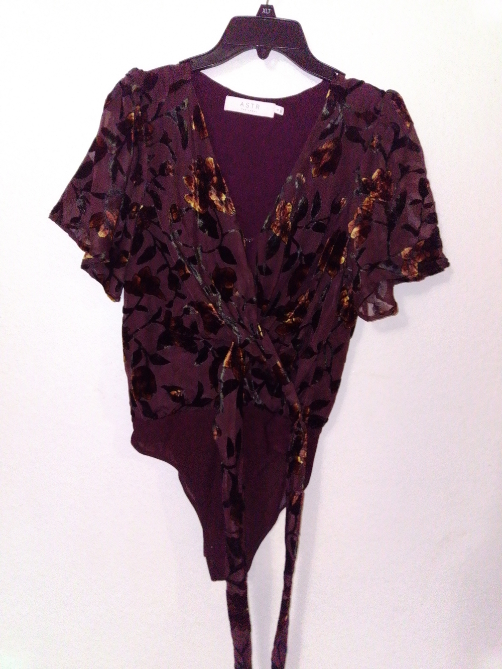 ASTR Plum Floral Velvet Burnout Wrap Top